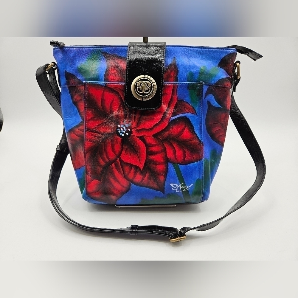 Artistic Expressions By Sharif BLUE Handpainted Christmas Poinsettia PURSE BAG